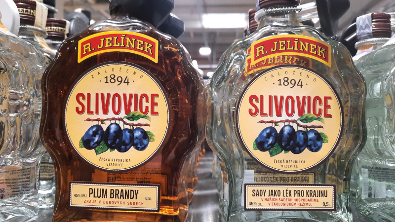 Bottles of Golden Slivovice and Regular Slivovice on a shelf