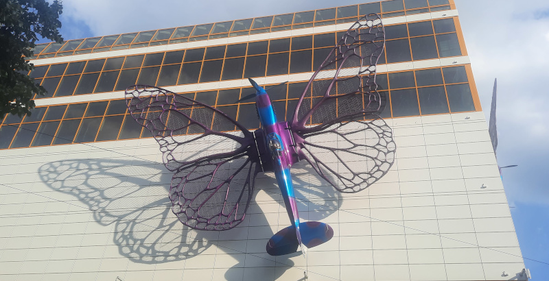 close-up of the prague spitfire butterflies sculpture on the maj shopping centre