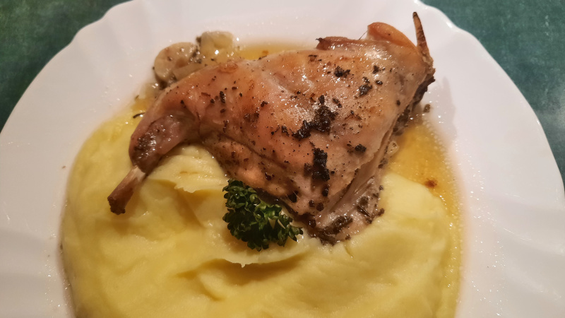 Kralik or rabbit served with puree potatoes and onion sauce
