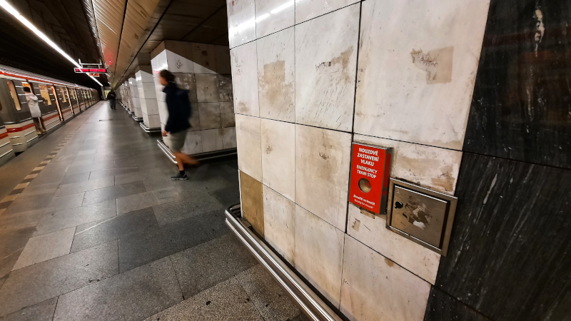 prague metro emergency stop button in the hradcanska station