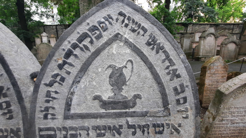 jewish gravestone with hebrew text and the jug/bowl sign of the levi family