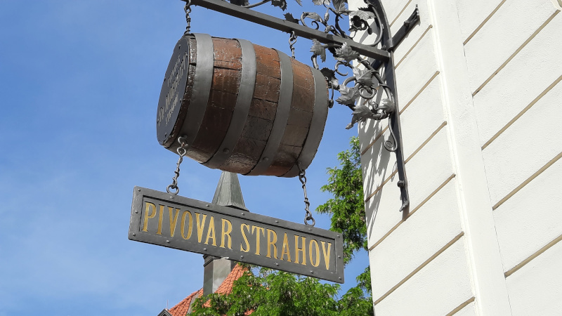 strahov brewery sign with pivovar strahov under a barrel