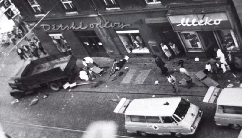 street scene july 10th 1973 strossmayerovo namesti tram stop in prague after crash